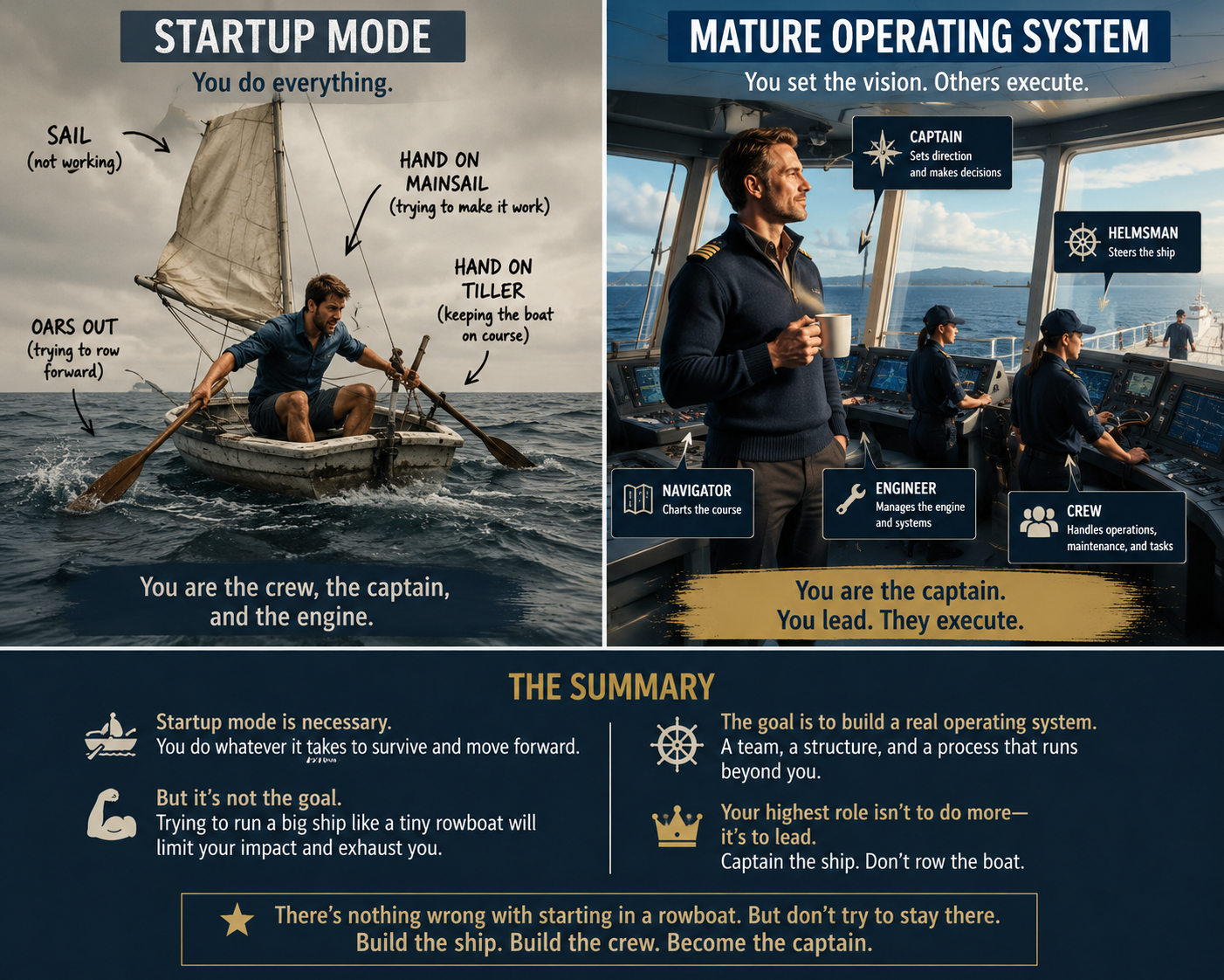 Startup Mode vs. Mature Operating System. Left panel — founder alone in a rowboat doing every job (sail not working, hand on tiller, oars out, hand on mainsail), caption: 'You are the crew, the captain, and the engine.' Right panel — founder on the bridge of a working ship, coffee in hand, watching while a captain, helmsman, navigator, engineer, and crew each run their stations, caption: 'You are the captain. You lead. They execute.' Summary: startup mode is necessary but not the goal. Build the ship. Build the crew. Become the captain.
